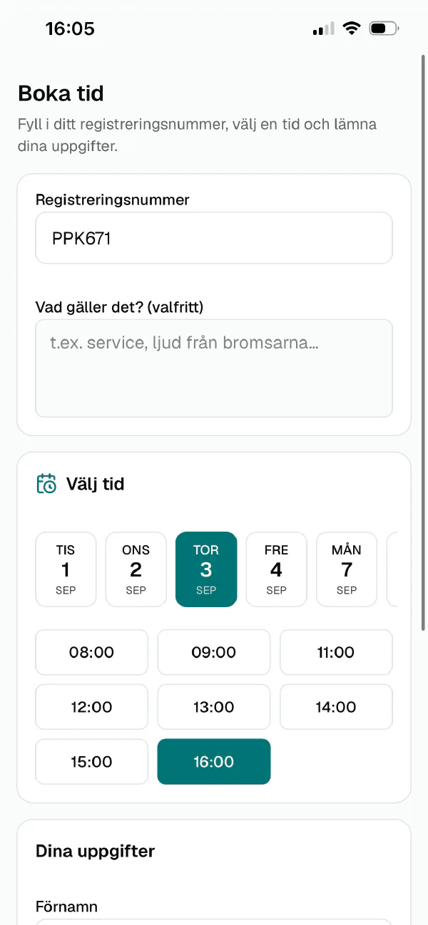 Verkstadens publika bokningssida i mobilen: regnummer, lediga tider och kunduppgifter