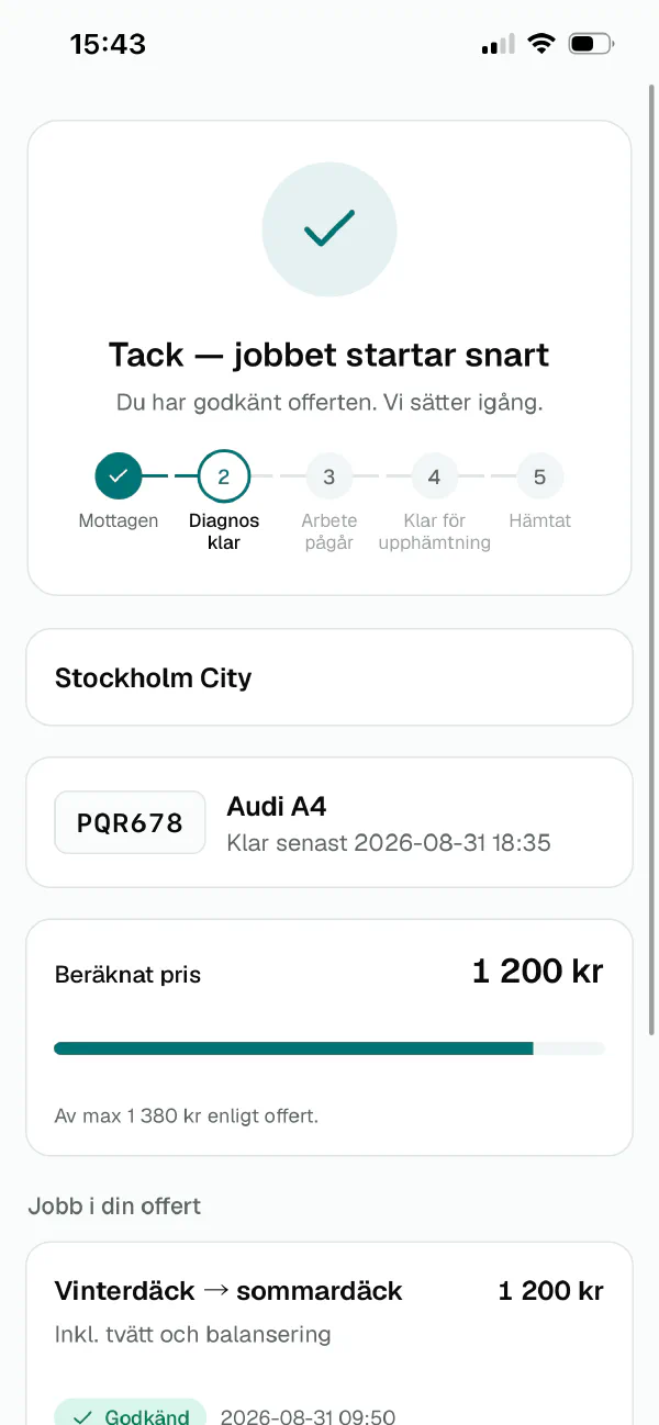 Kundens spårningssida i mobilen: status, pris och godkända jobb